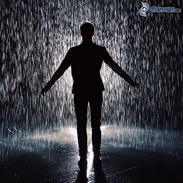 man in the rain, silhouette of a man