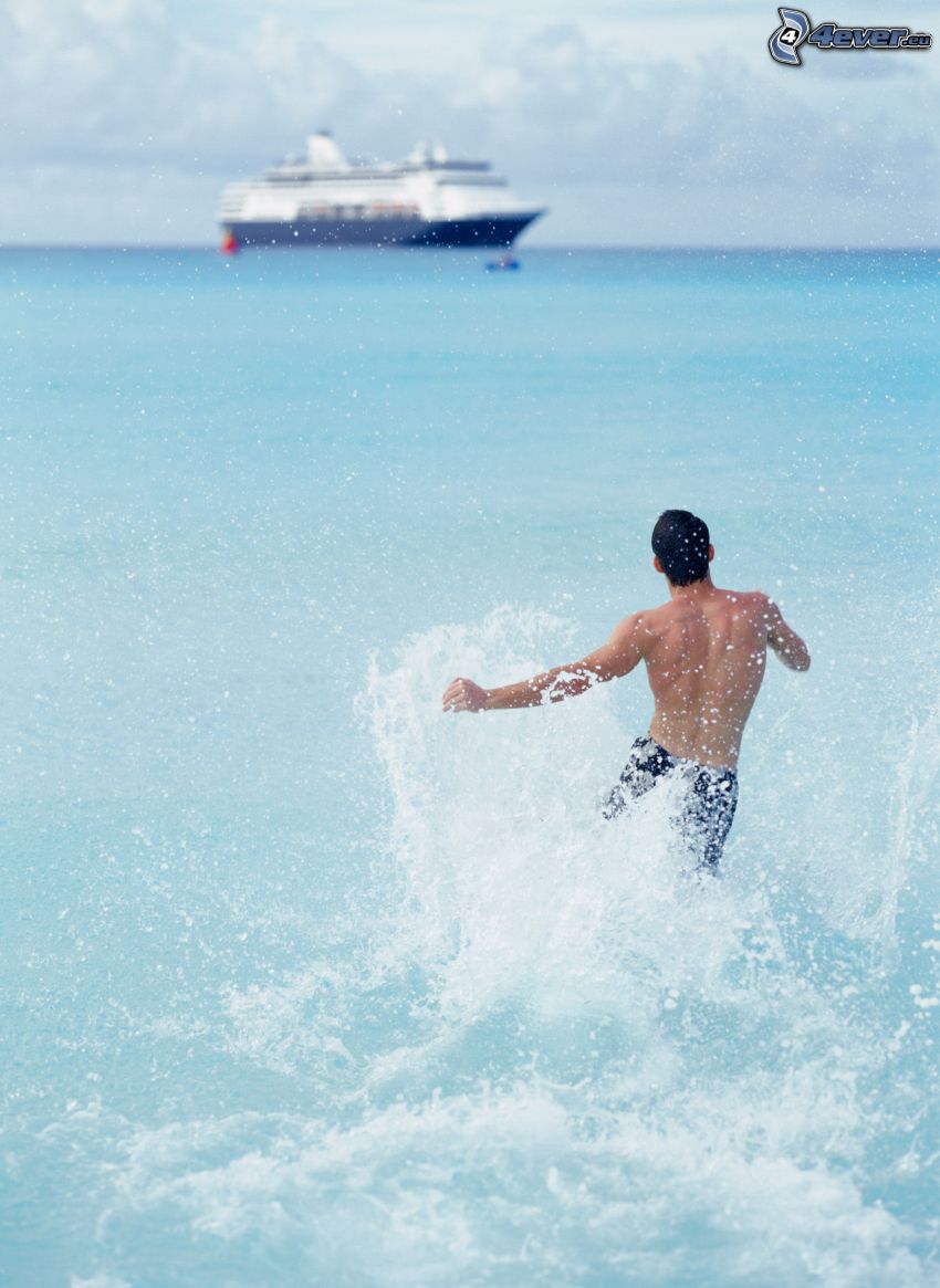 man in water, sea, cruise ship