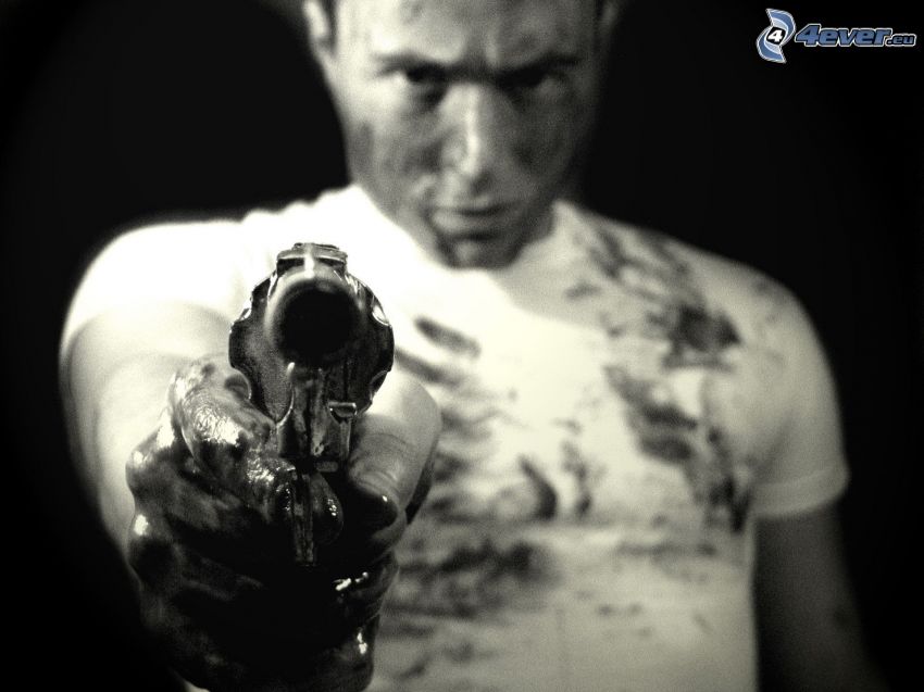 man with a gun, black and white photo