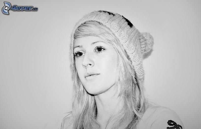 Ellie Goulding, black and white photo, hat
