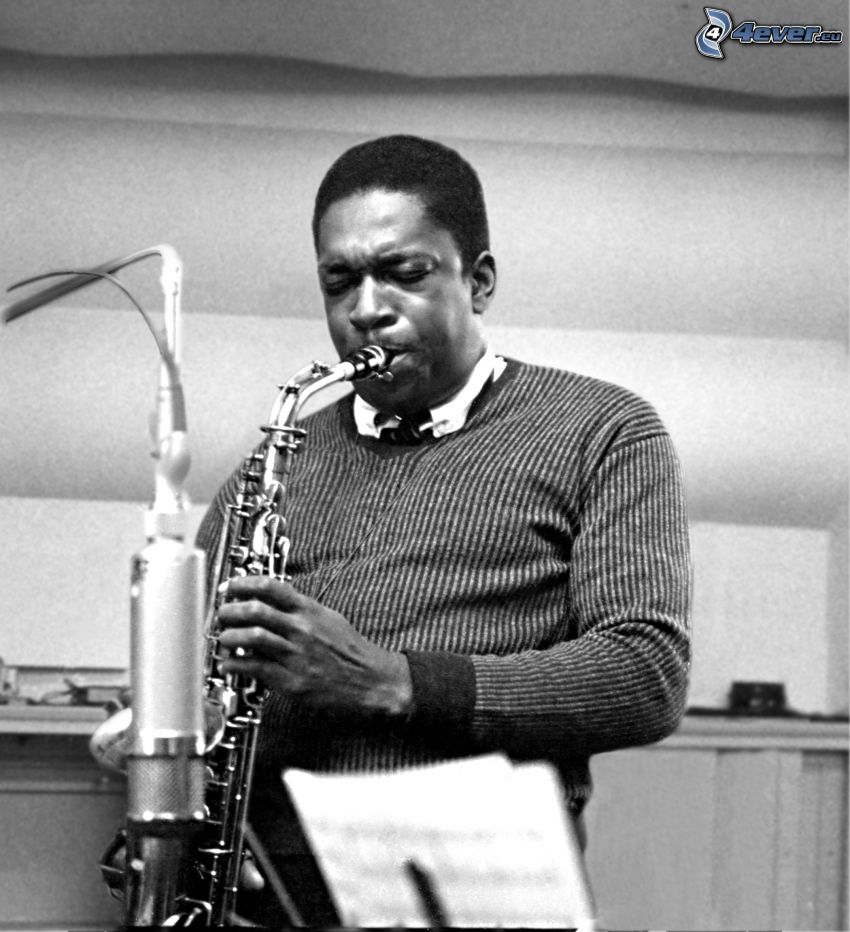 John Coltrane, saxophonist, black and white photo