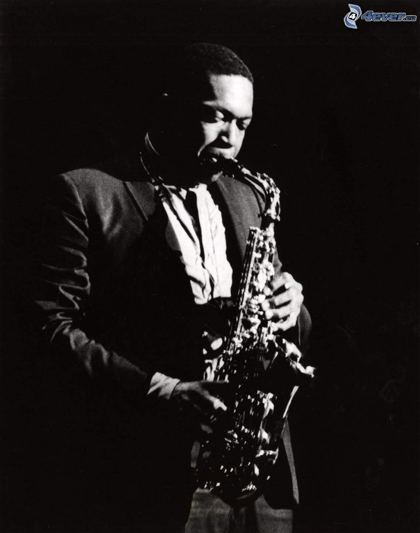 John Coltrane, saxophonist, black and white photo