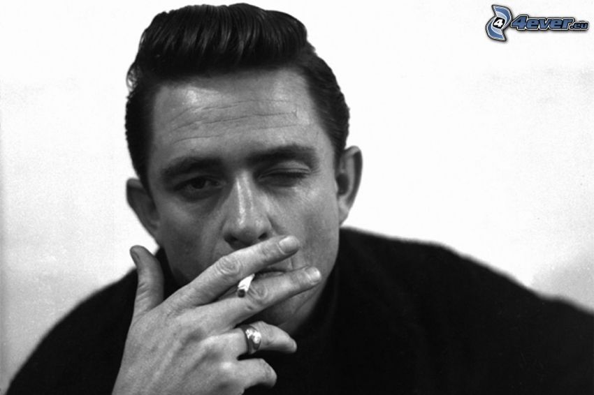 Johnny Cash, smoking, black and white photo