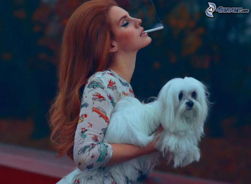Lana Del Rey, white dog, cigarette