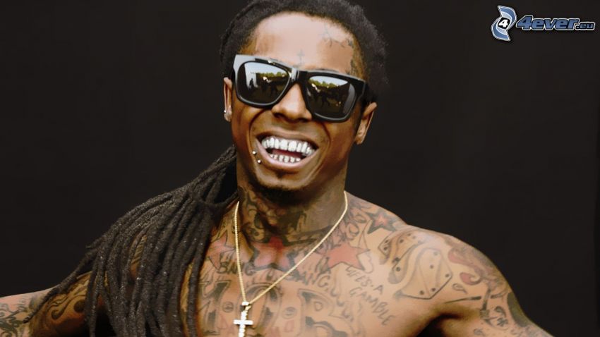 Lil Wayne, laughter, man with glasses, tattooed guy