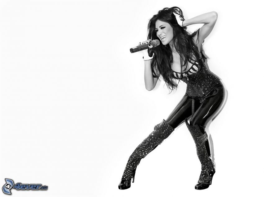 Nicole Scherzinger, singing, black and white photo