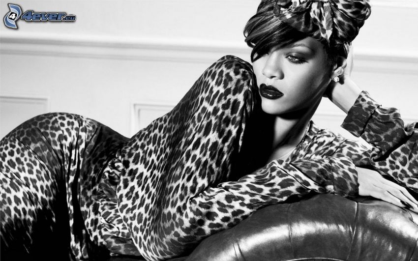 Rihanna, leopard pattern, black and white photo