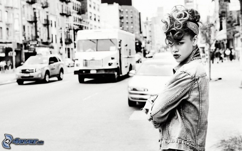 Rihanna, street, city, cars, black and white
