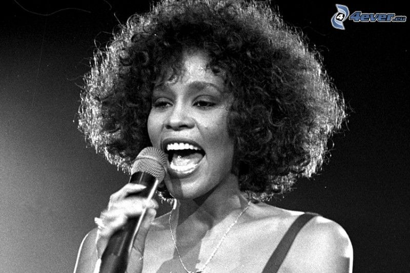 Whitney Houston, singing, black and white photo