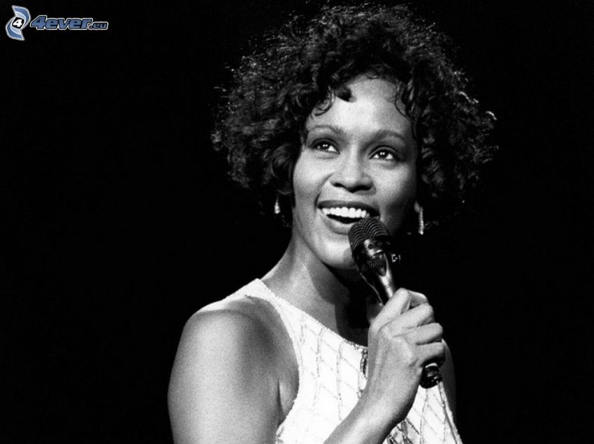 Whitney Houston, singing, black and white photo
