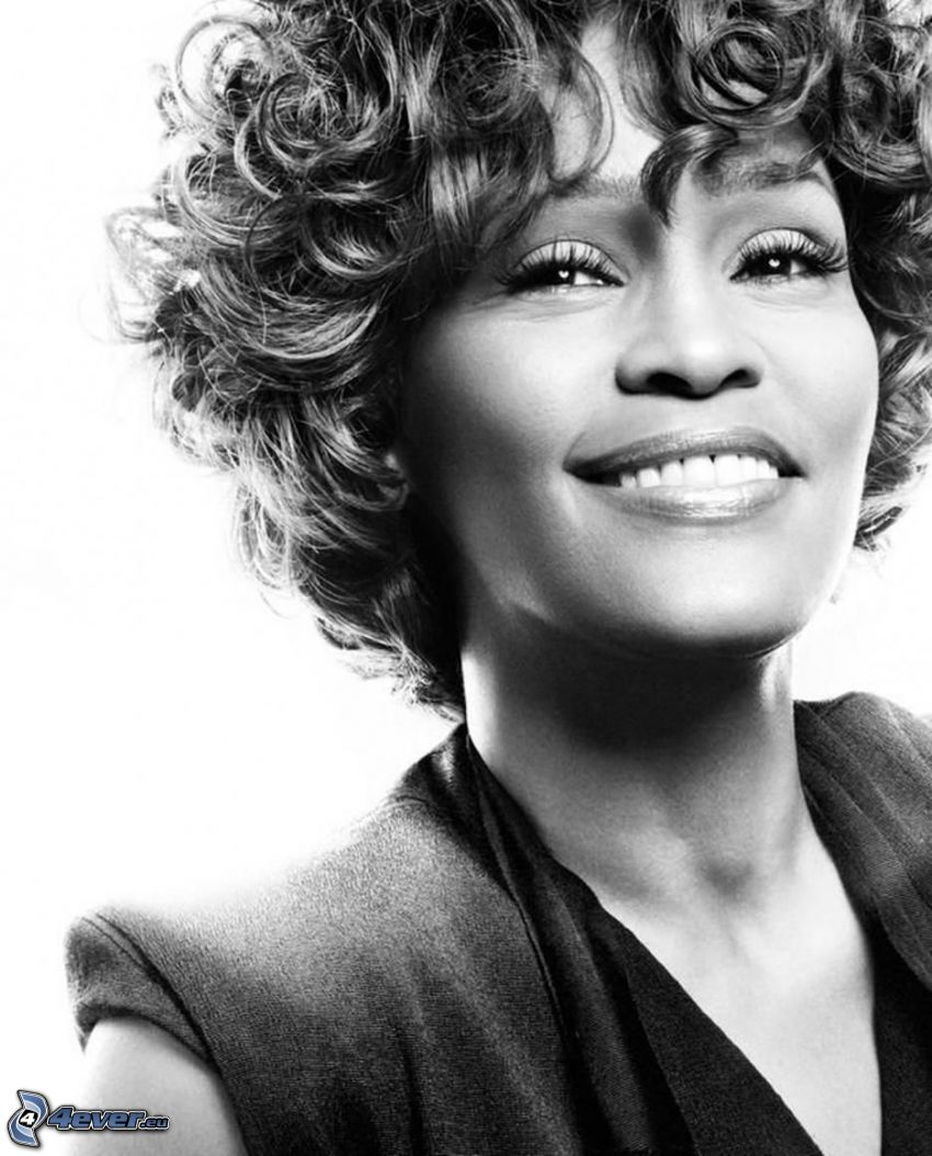 Whitney Houston, smile, black and white photo