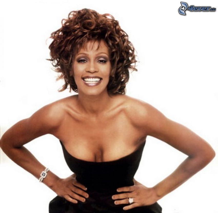 Whitney Houston, smile, black dress