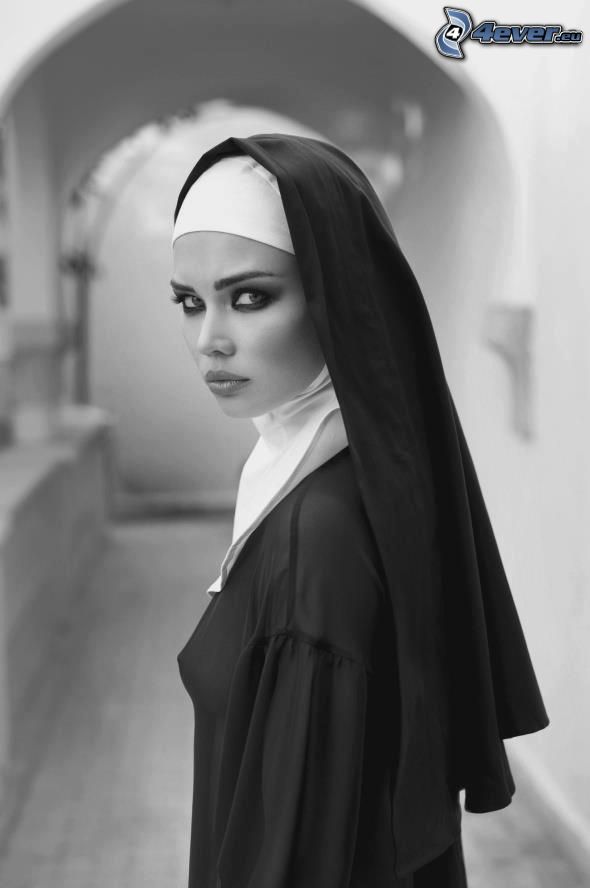 nun, black and white photo