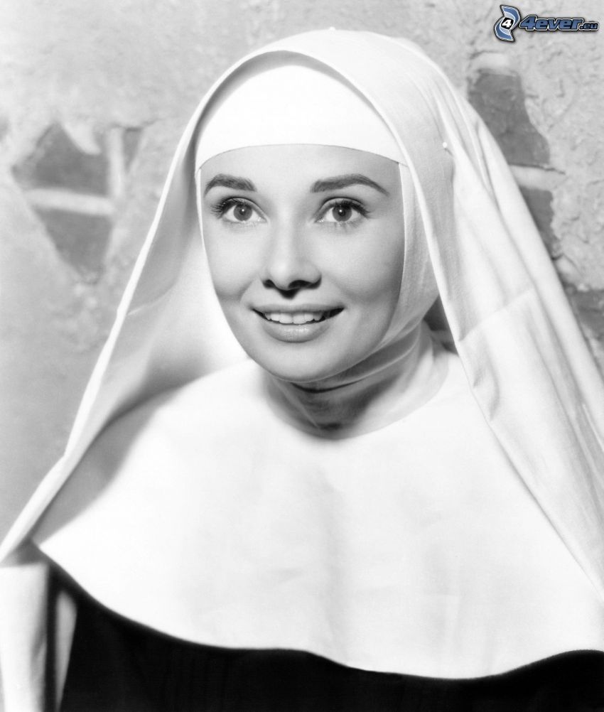 nun, smile, black and white photo