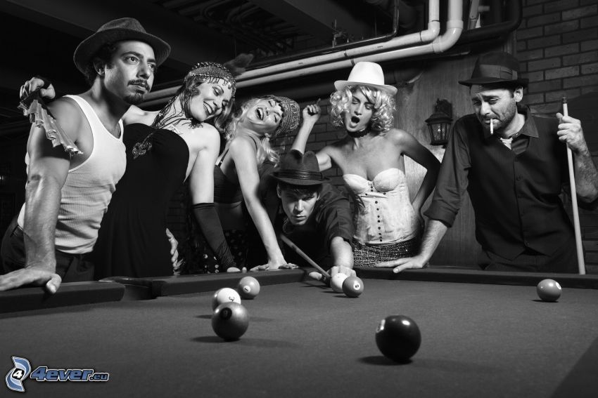 people, billiard, black and white photo