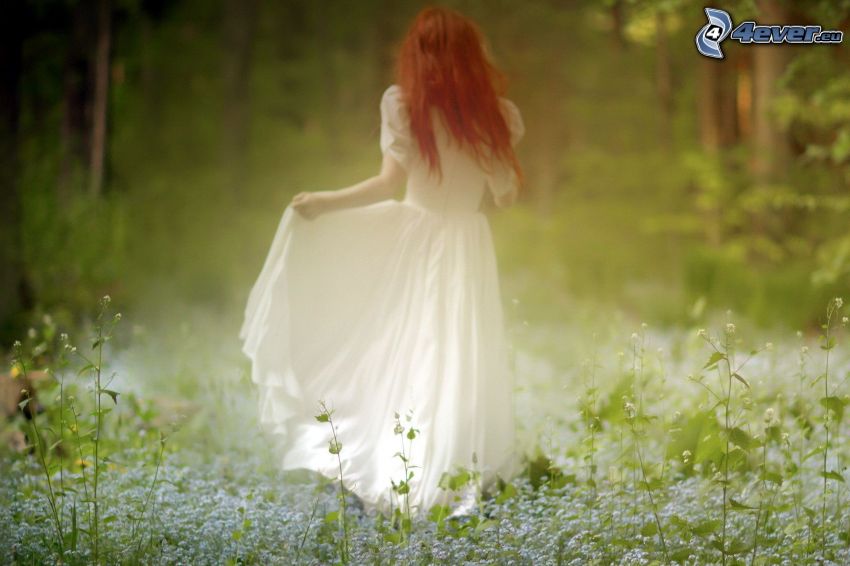 redhead, white dress, forest