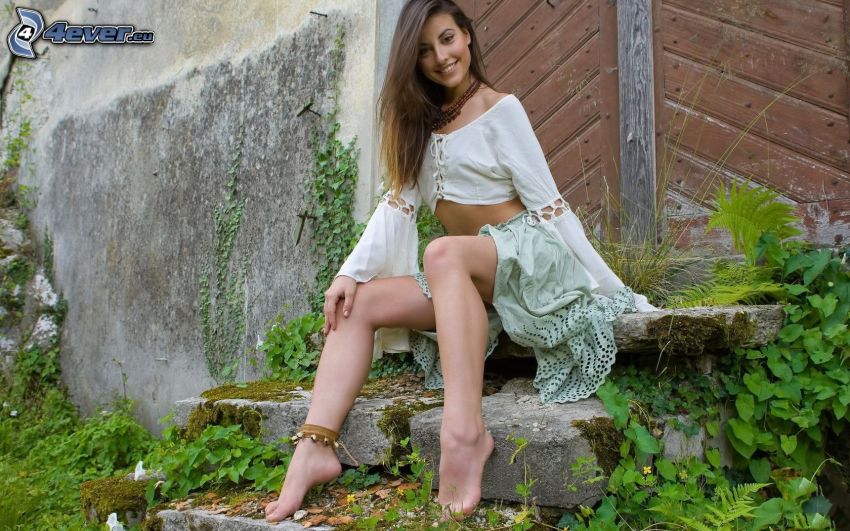 sexy brunette, old stairs, wooden gate