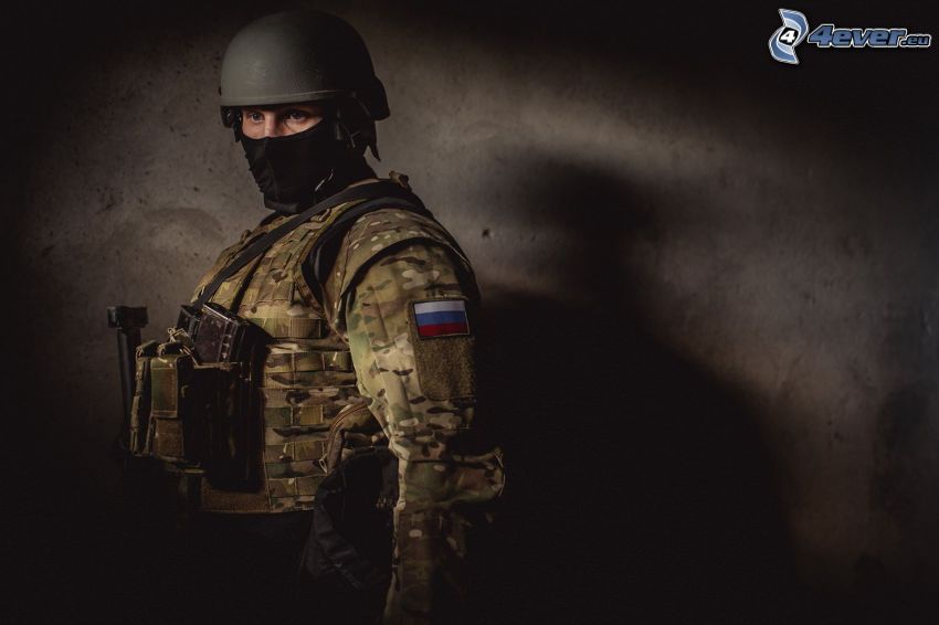 soldier, russian flag