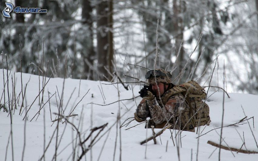 soldier with a gun, snow