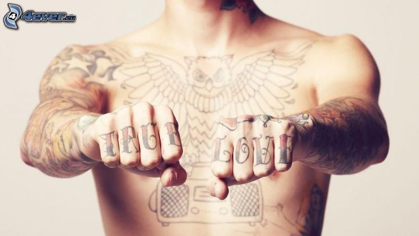 True Love, man, fist, tattoo