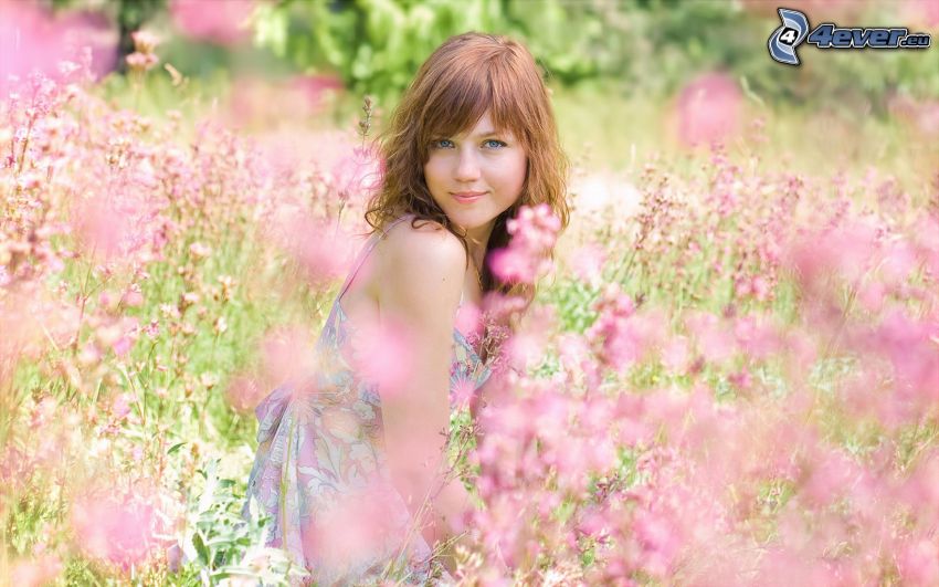 woman, brunette, pink flowers