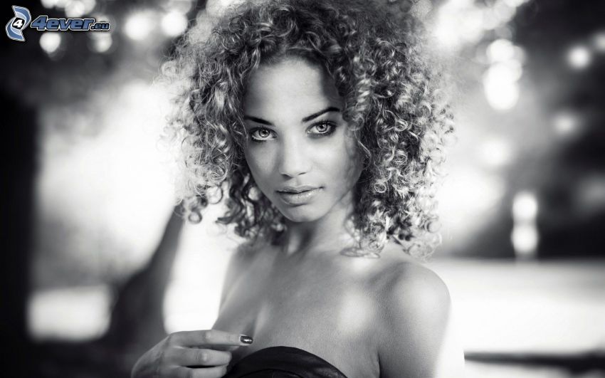 woman, curly hair, black and white photo
