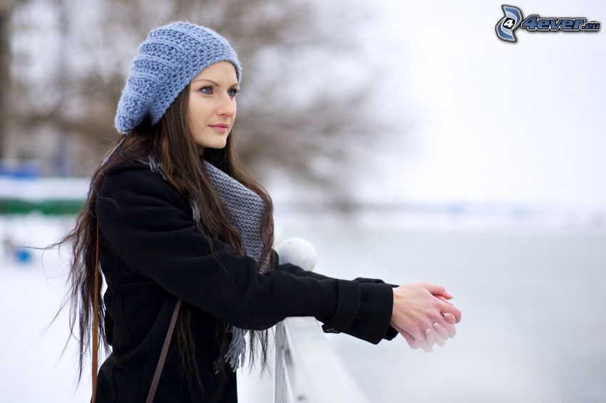 woman, hat, ball, snow