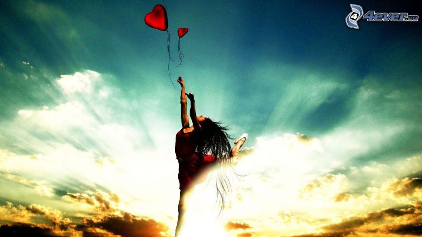 woman, hearts, clouds