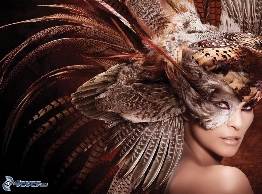 woman, mask, feathers