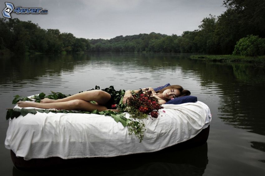 woman in bed, brunette, flowers, lake, forest