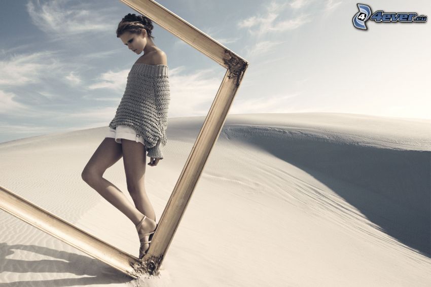 woman in the desert, frame, sand