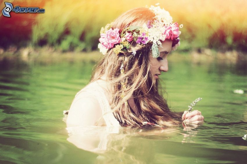 woman in water, girl, wreathework