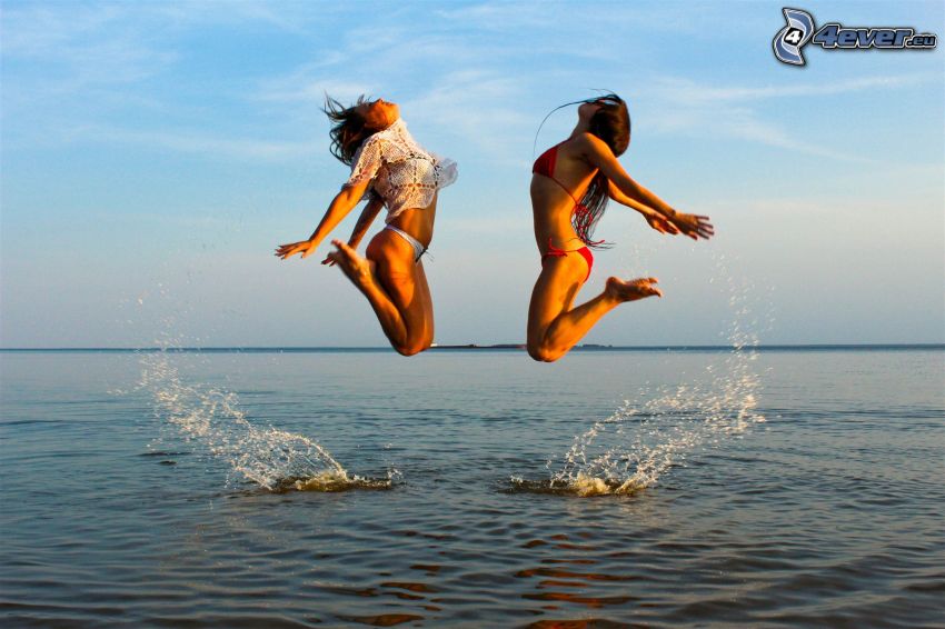 women in bikini, jump, sea