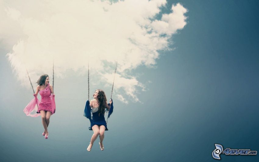 women on the swing, clouds