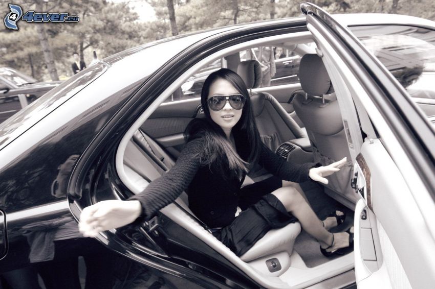 Zhang Ziyi, sunglasses, car, black and white