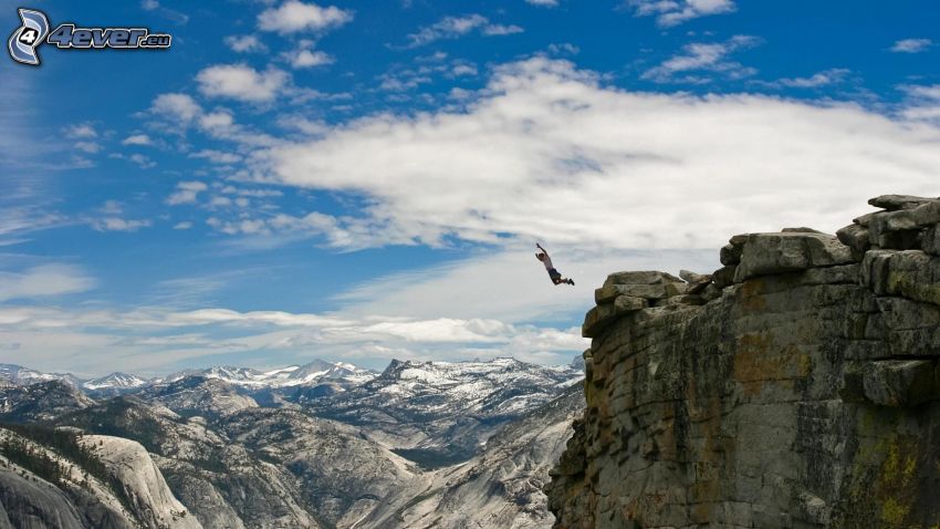 BASE Jump, adrenaline, flying, rocks, snowy mountains