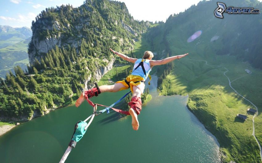 Bungee jumping, lake, mountains