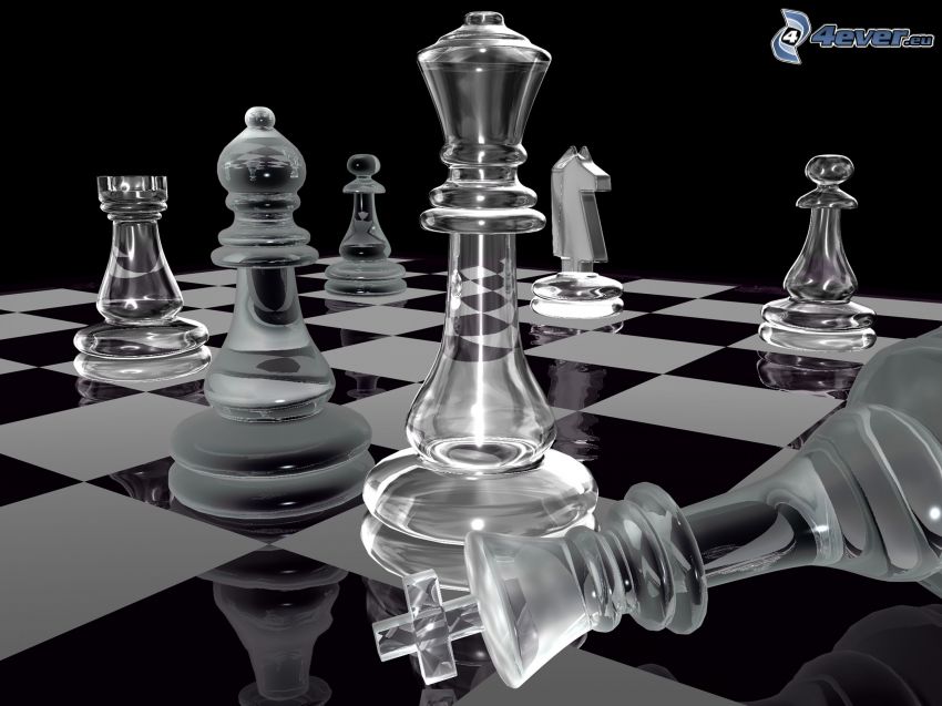 Chess, chess pieces, glass, chessboard, black and white