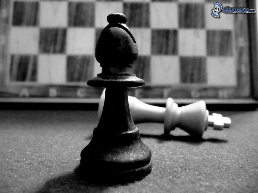 chess pieces, chessboard, black and white photo