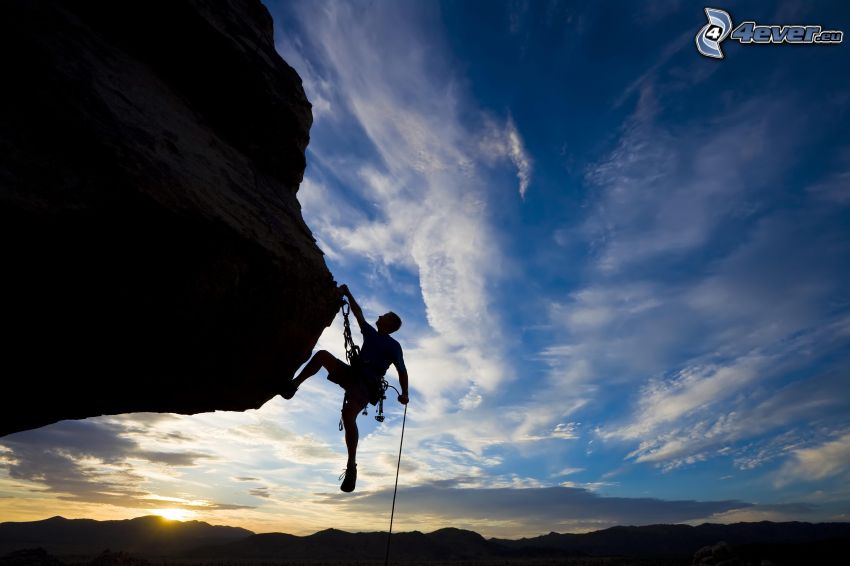 climber, rock, hill at sunset