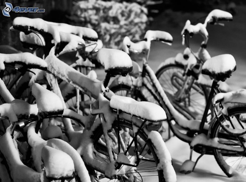 bicycles, snow, black and white