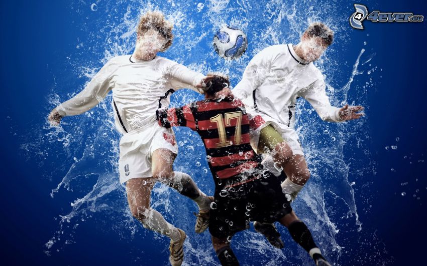 footballers in the water, ball, bubbles, water