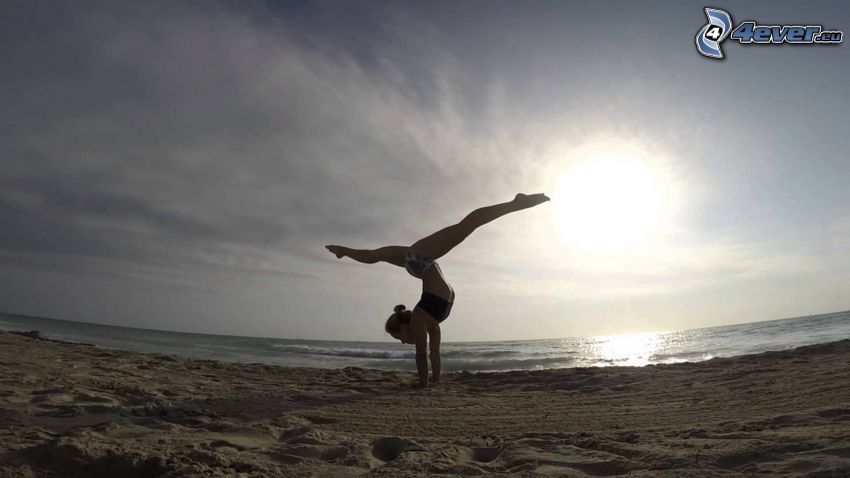handstand, splits, sea, sandy beach
