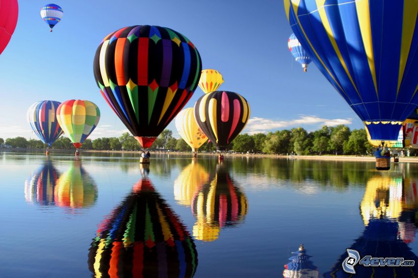 hot air balloon, River, reflection