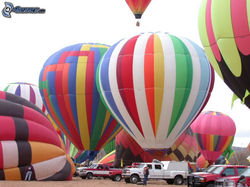 hot air balloons, cars