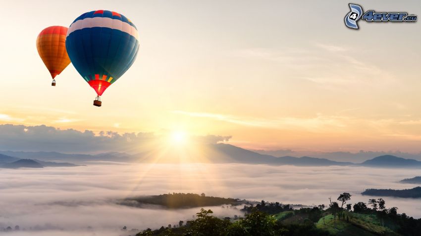 hot air balloons, sunrise, inversion