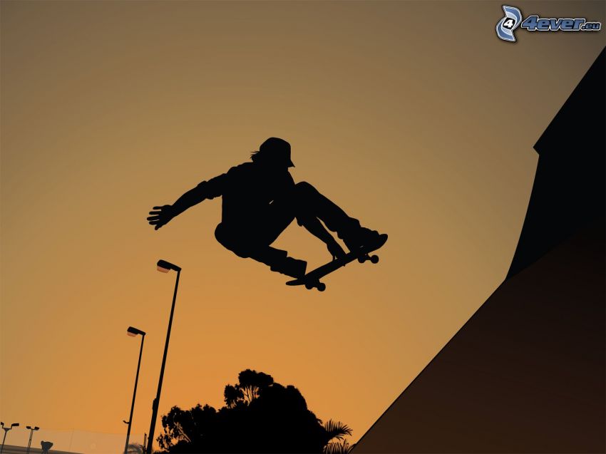skateboarding, silhouette of a boy