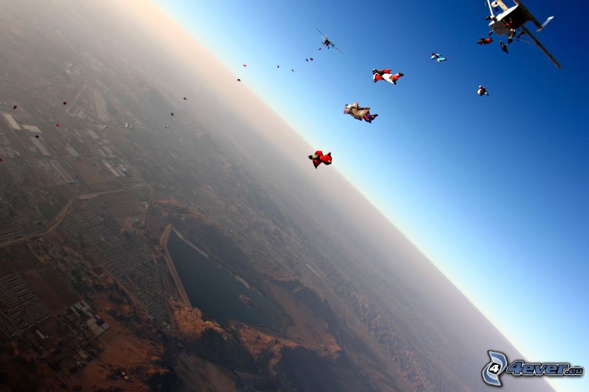 skydivers, view of the landscape