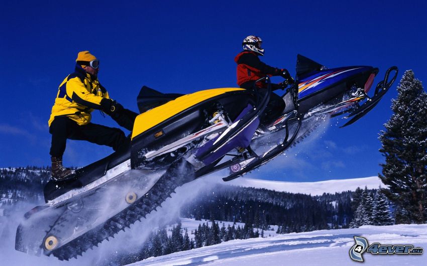 snowmobiles, jump, snowy landscape
