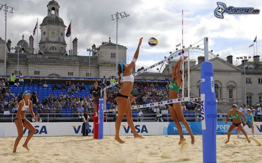 volleyball, net, sand, spectators, building
